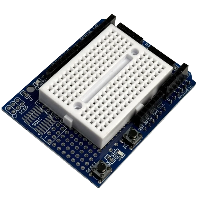 Arduino Proto Shield with SYB-170 mini breadboard, top view