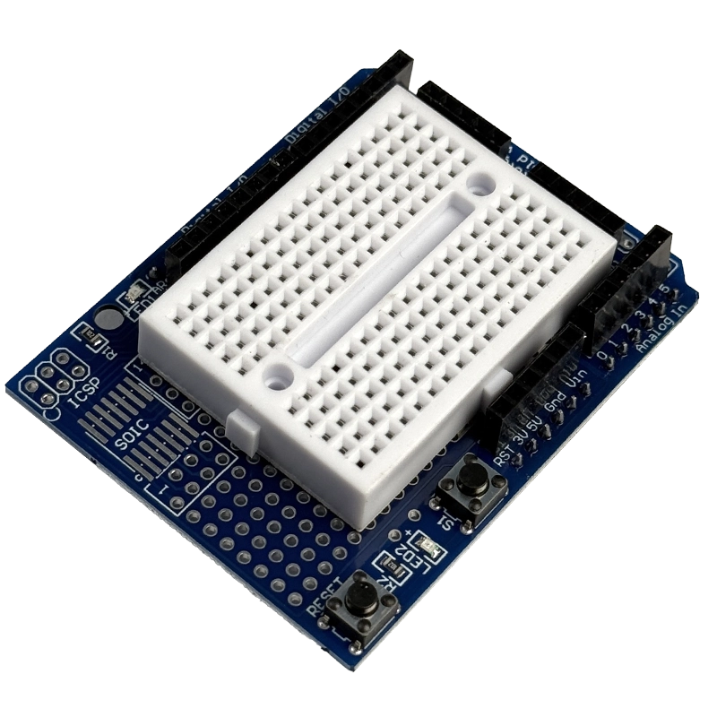 Arduino Proto Shield with SYB-170 mini breadboard, top view